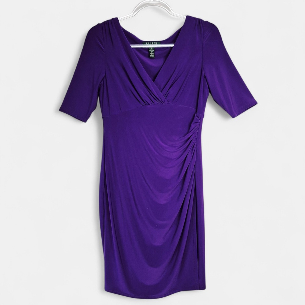 Lauren Ralph Lauren 8P Purple Ruched Surplice‎ Sheath Dress Petite Elbow Sleeve